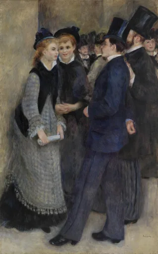 A crowd of men in top hats and women in dark dresses conversing on a street, in muted grey, navy, and tan tones