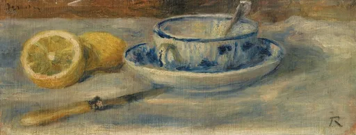 A still life shows a halved lemon and a whole lemon beside a blue and white patterned cup and saucer with a spoon.