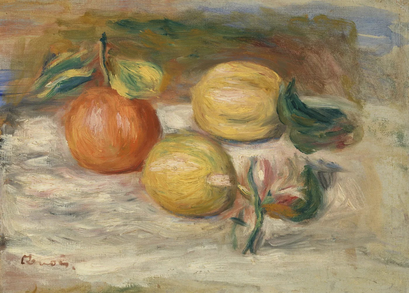A still life of an orange with its leaf and two lemons rests on a white cloth against a blue-brown background.