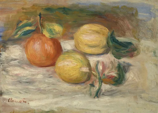 A still life of an orange with its leaf and two lemons rests on a white cloth against a blue-brown background.