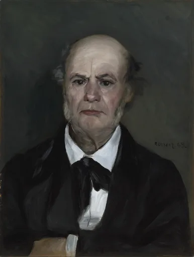 A bald elderly man with a stern expression is shown bust length in a dark suit and white collar against a plain dark brown background
