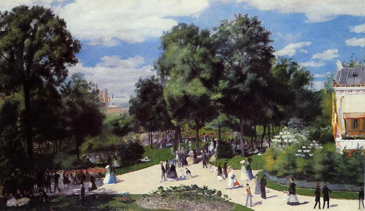 A crowd strolls a tree-lined avenue past a building with a striped awning, under a bright blue sky with white clouds.