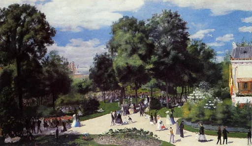 A crowd strolls a tree-lined avenue past a building with a striped awning, under a bright blue sky with white clouds.