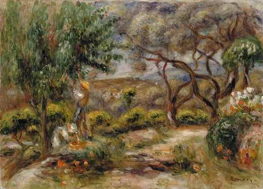 Figures pick fruit from a tree amid gnarled olive trees on a rocky path, a distant village visible beyond.
