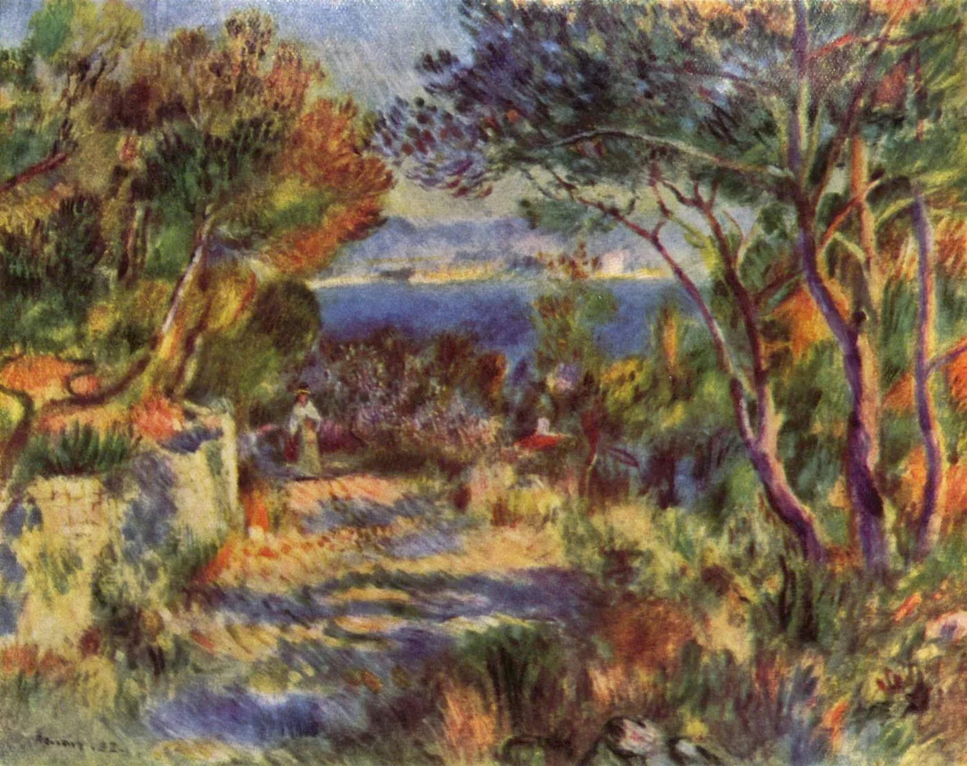 A coastal path framed by pine trees with a small figure walking near a stone wall and a blue sea beyond, in green, orange, and blue tones