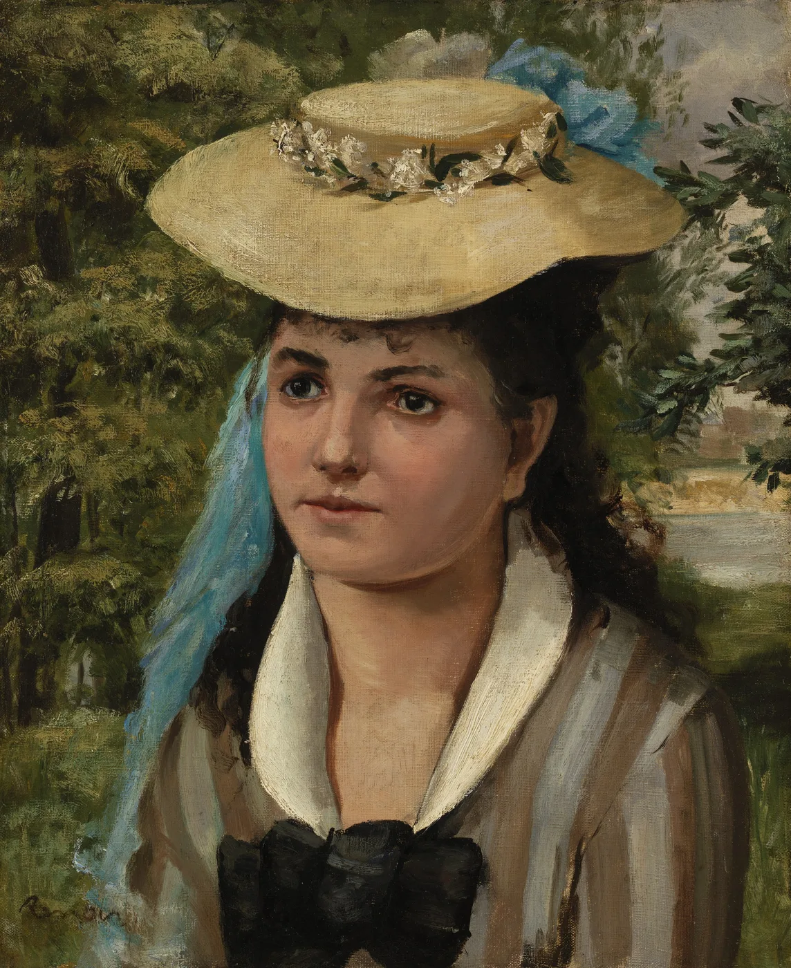 A dark-haired woman wears a straw hat trimmed with white flowers and a blue ribbon, her striped dress topped with a black bow.