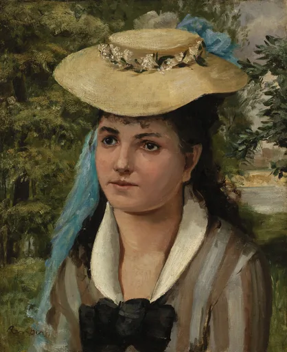 A dark-haired woman wears a straw hat trimmed with white flowers and a blue ribbon, her striped dress topped with a black bow.