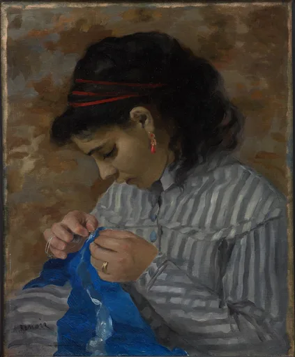 A dark-haired young woman in a striped grey blouse and red hairband bends over blue fabric, sewing intently with a needle and thread.