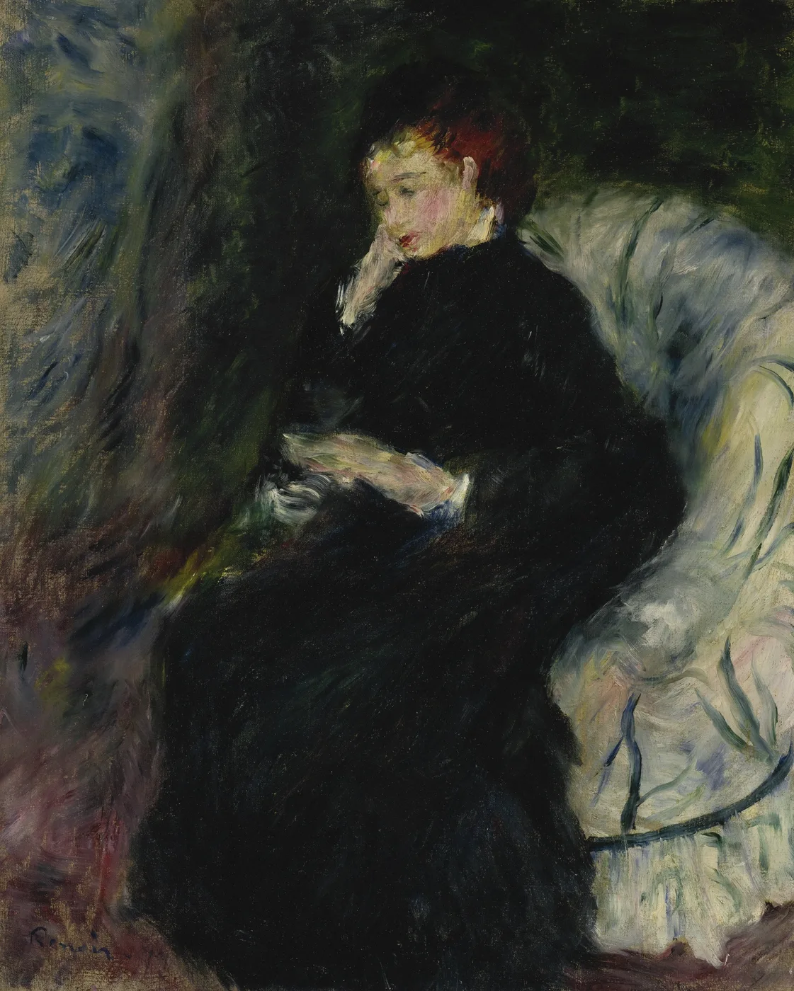 A woman in black reads in a white armchair, resting her chin on her hand, against a dark background.