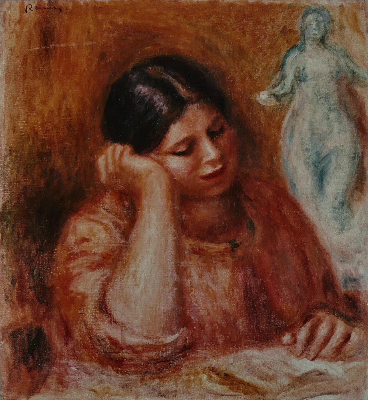 A dark-haired woman reads with her head resting on her hand, in warm rust-orange tones, a pale statue behind her.