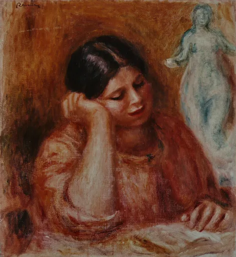 A dark-haired woman reads with her head resting on her hand, in warm rust-orange tones, a pale statue behind her.