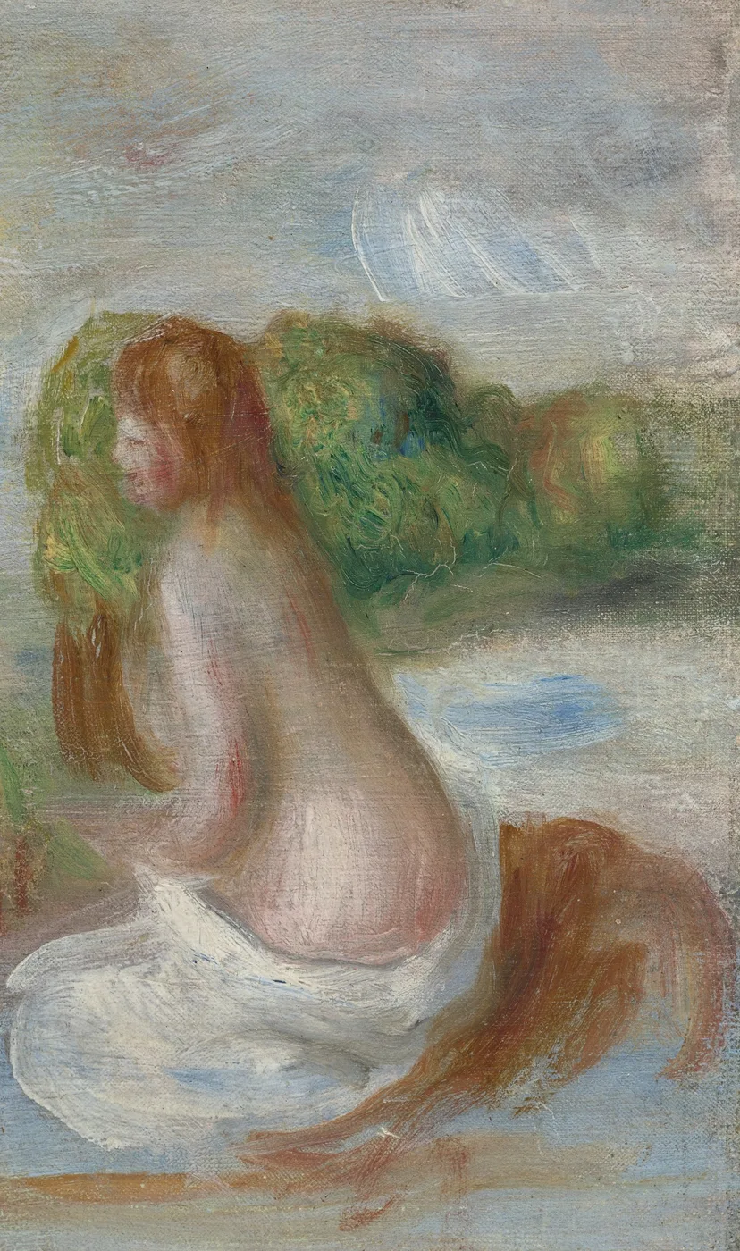 A sketch of a young nude bather seen from behind, red hair loose, seated by a river with white cloth beside her.