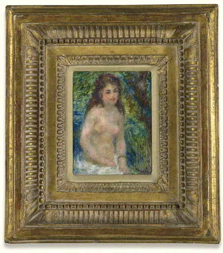 A small nude bather with long brown hair sits by a river with white cloth at her waist, amid lush green and blue foliage.