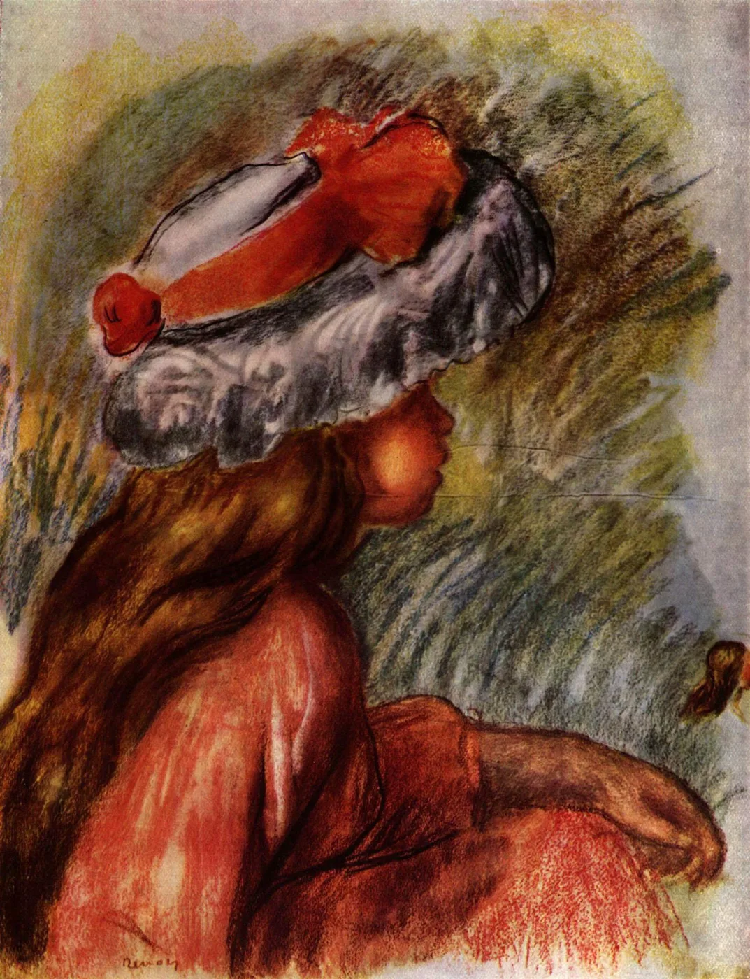 A pastel drawing of a girl in a large red and white bonnet seen from behind in profile, in warm orange tones