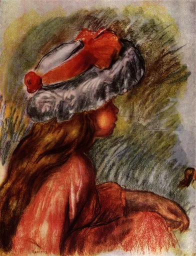 A pastel drawing of a girl in a large red and white bonnet seen from behind in profile, in warm orange tones