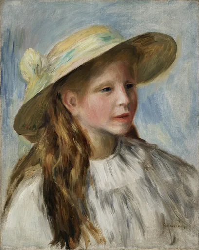 A girl with long auburn hair wears a straw hat with a yellow ribbon over a white ruffled collar, against blue.