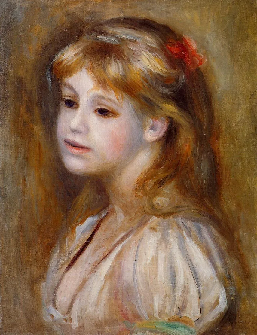 A blond girl with a red bow in her hair wears a cream low-cut blouse against a warm brown background.