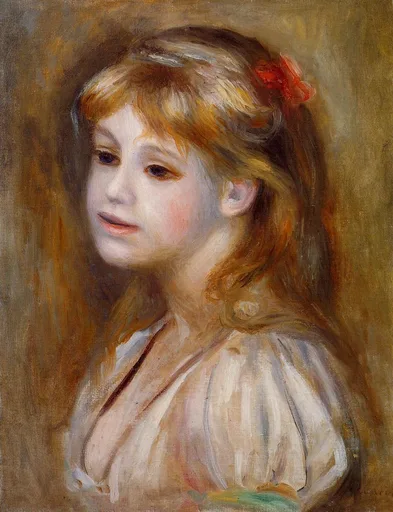 A blond girl with a red bow in her hair wears a cream low-cut blouse against a warm brown background.
