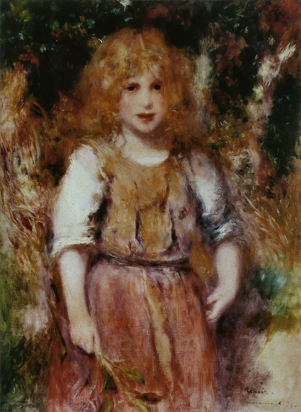 A girl with curly blond hair wears a torn rust-red peasant dress over a white blouse, standing amid dark foliage.