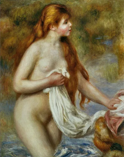 A nude bather with long auburn hair standing in shallow water, holding a white cloth against her chest, amid golden green foliage