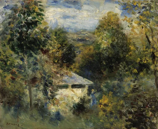 A small white house glimpsed through a thick screen of green and golden trees, with a tiny blue-clad figure standing near it.