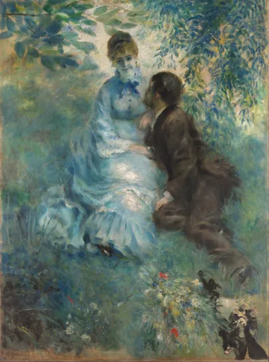 A seated couple close together beneath leafy branches, the woman in a pale blue dress facing a man in a dark brown suit, in blue and green tones