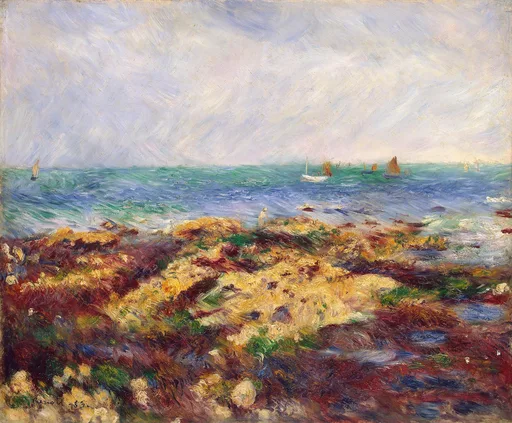 A rocky, seaweed-covered shore exposed at low tide, a lone figure on the rocks, sailboats on the green-blue sea under a cloudy sky.