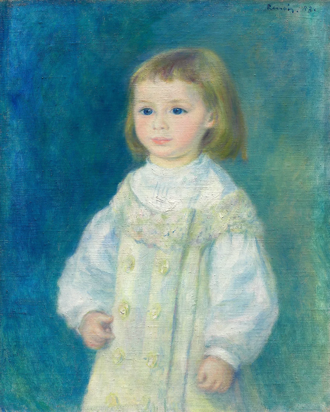 A small blue-eyed child with light brown hair stands in a white ruffled dress against a mottled blue-green background.