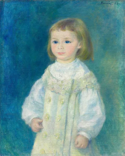 A small blue-eyed child with light brown hair stands in a white ruffled dress against a mottled blue-green background.