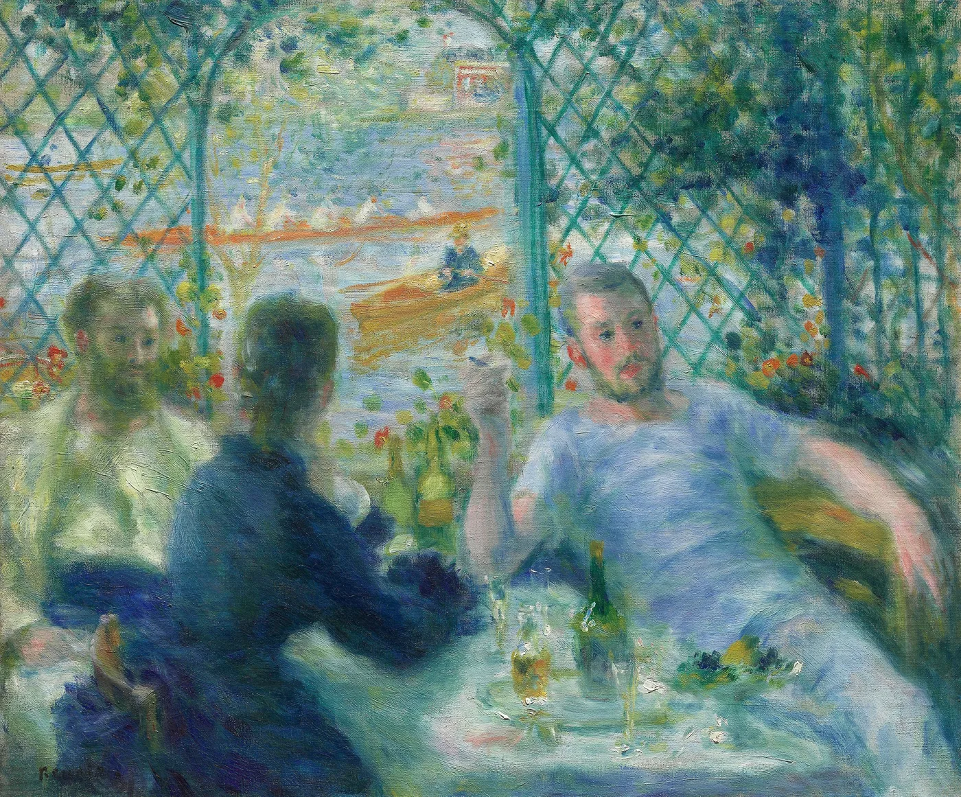 Diners seated at a riverside table under a green trellis with a boat passing on the water behind them, in blue, green, and white
