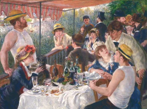 Friends dine and talk on a riverside balcony under a red and white striped awning, with wine, fruit and green foliage beyond