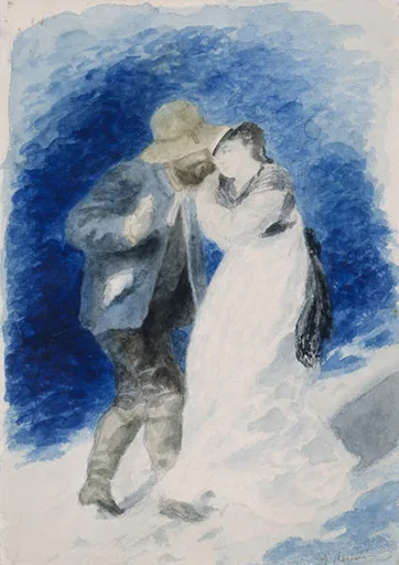 A watercolour shows a man in a straw hat and blue jacket walking arm in arm with a woman in white, against deep blue washes.