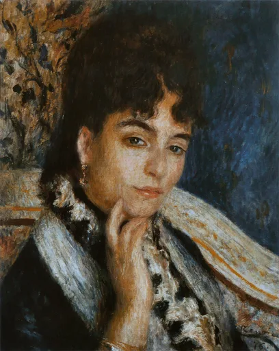 A dark-haired woman rests her chin on her hand, gazing thoughtfully, wrapped in a patterned shawl against a deep blue background.