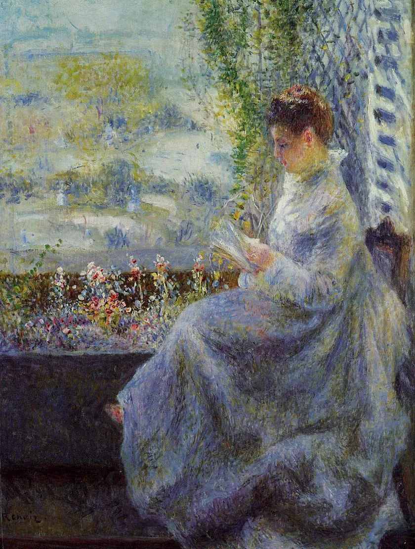 A woman in a lavender-blue dress reads on a garden terrace beside a trellis, flowers and a hazy landscape beyond.