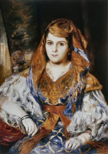 A seated woman draped in Algerian dress with an orange embroidered scarf and fur-trimmed sleeves, in rust orange, deep blue, and white