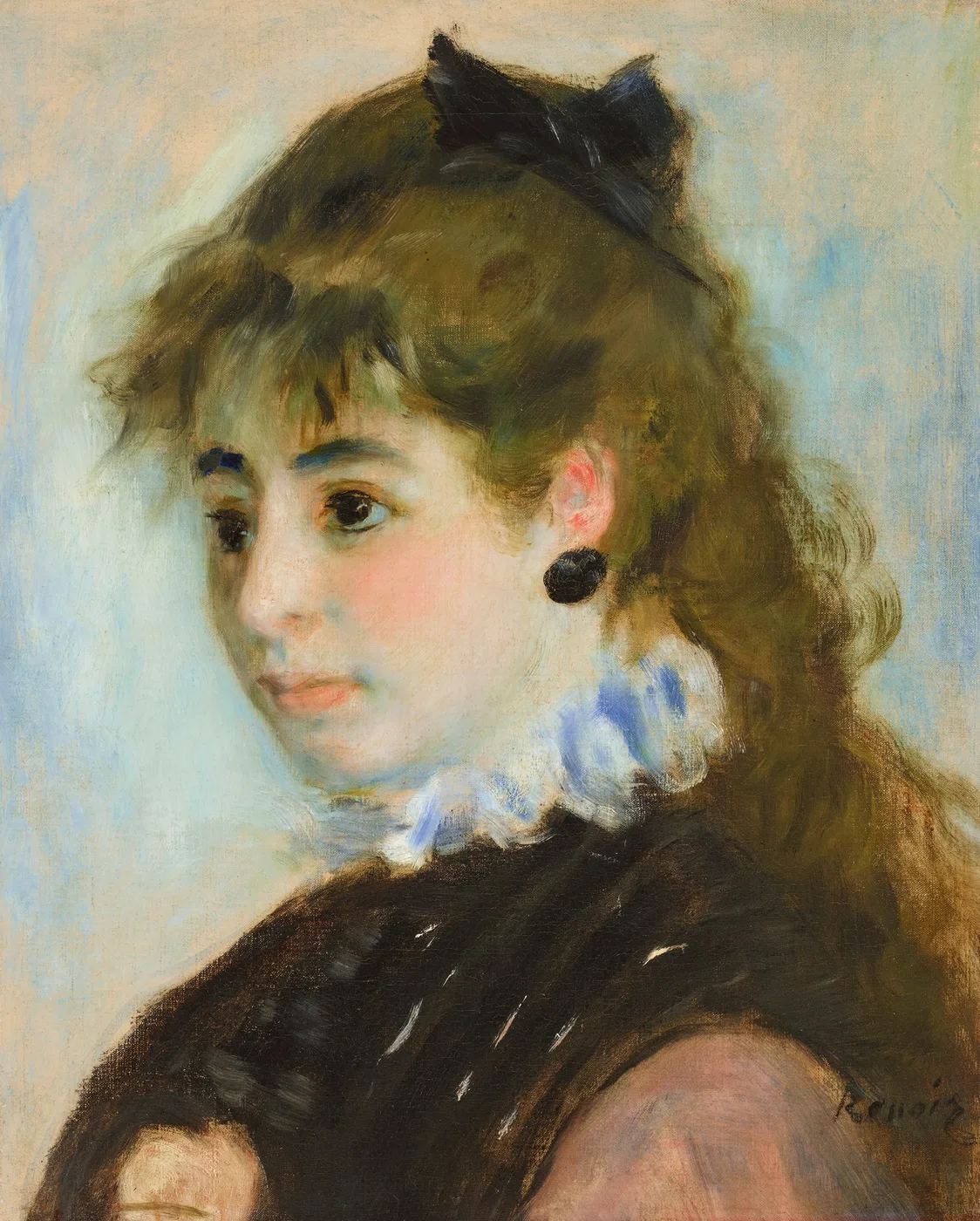 A young woman with a black bow in her hair wears a blue and white ruffled collar over a black dress, on pale blue.
