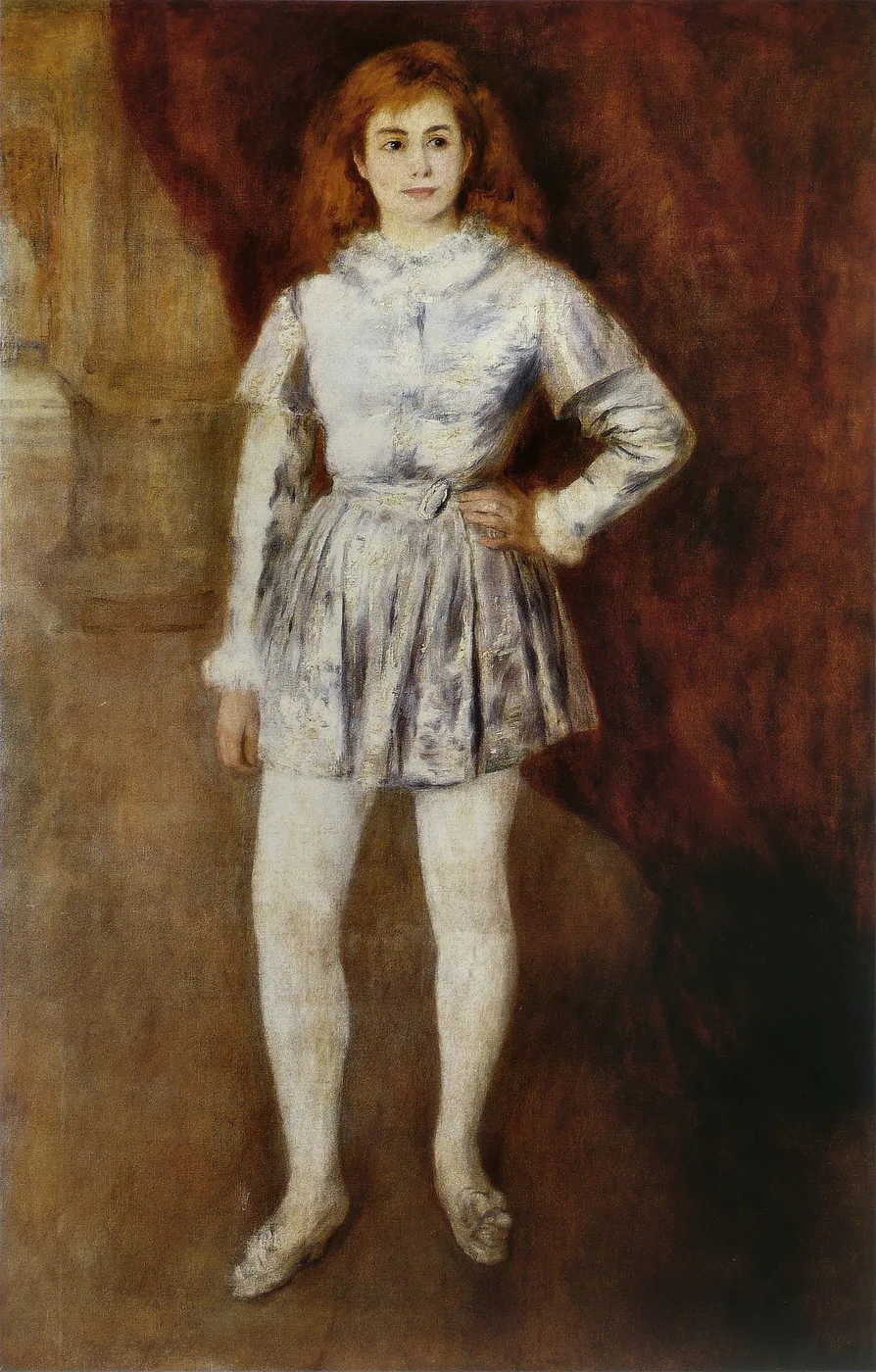 A full-length portrait of a red-haired young woman in a pale grey pageboy costume with white stockings, hand on hip, red curtain behind.