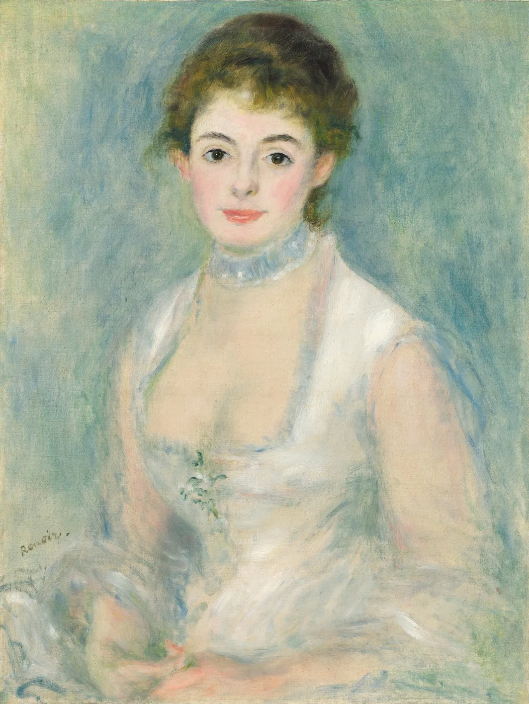 A woman in a low-cut white dress with a high lace collar is portrayed against a blue-green background.