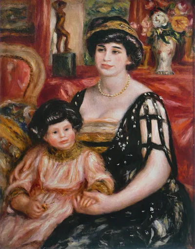 A seated woman in a black lace-sleeved gown and pearls holds a young boy in a pink dress on her lap, in a red, flower-filled interior.