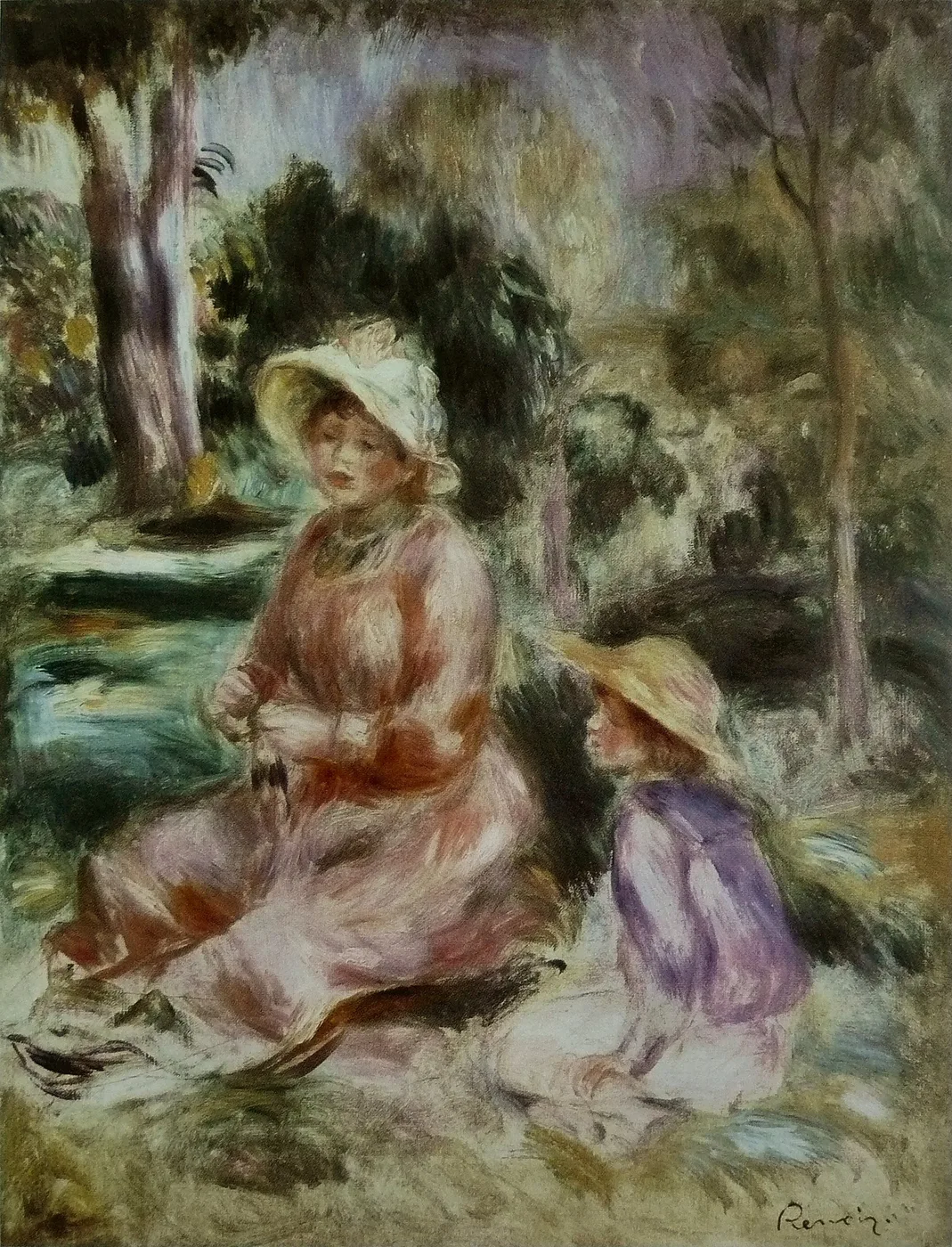 A woman in a rose-pink dress and white bonnet sits near a pond, a child in a straw hat and purple smock kneeling beside her.