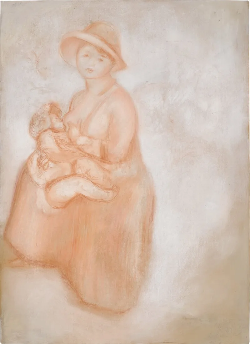 A red-chalk drawing shows a mother in a straw hat nursing her infant son, in monochrome terracotta on cream paper.