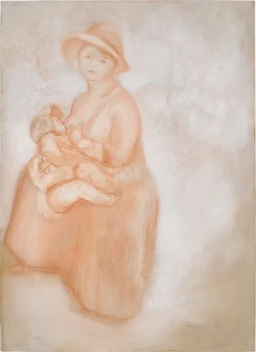 A red-chalk drawing shows a mother in a straw hat nursing her infant son, in monochrome terracotta on cream paper.
