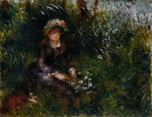 Woman in a straw bonnet sits amid tall reeds by a riverbank holding white flowers, with a small dog beside her.