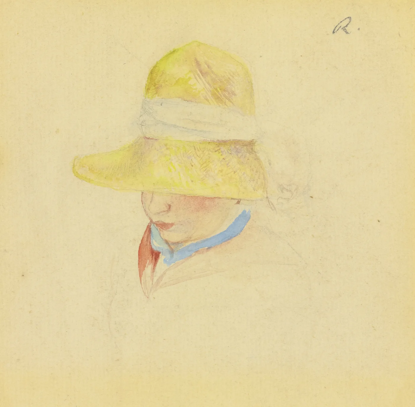 A watercolour sketch shows a woman's lowered head beneath a wide yellow straw hat with a white ribbon and blue collar.