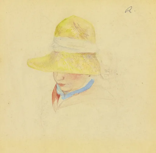 A watercolour sketch shows a woman's lowered head beneath a wide yellow straw hat with a white ribbon and blue collar.