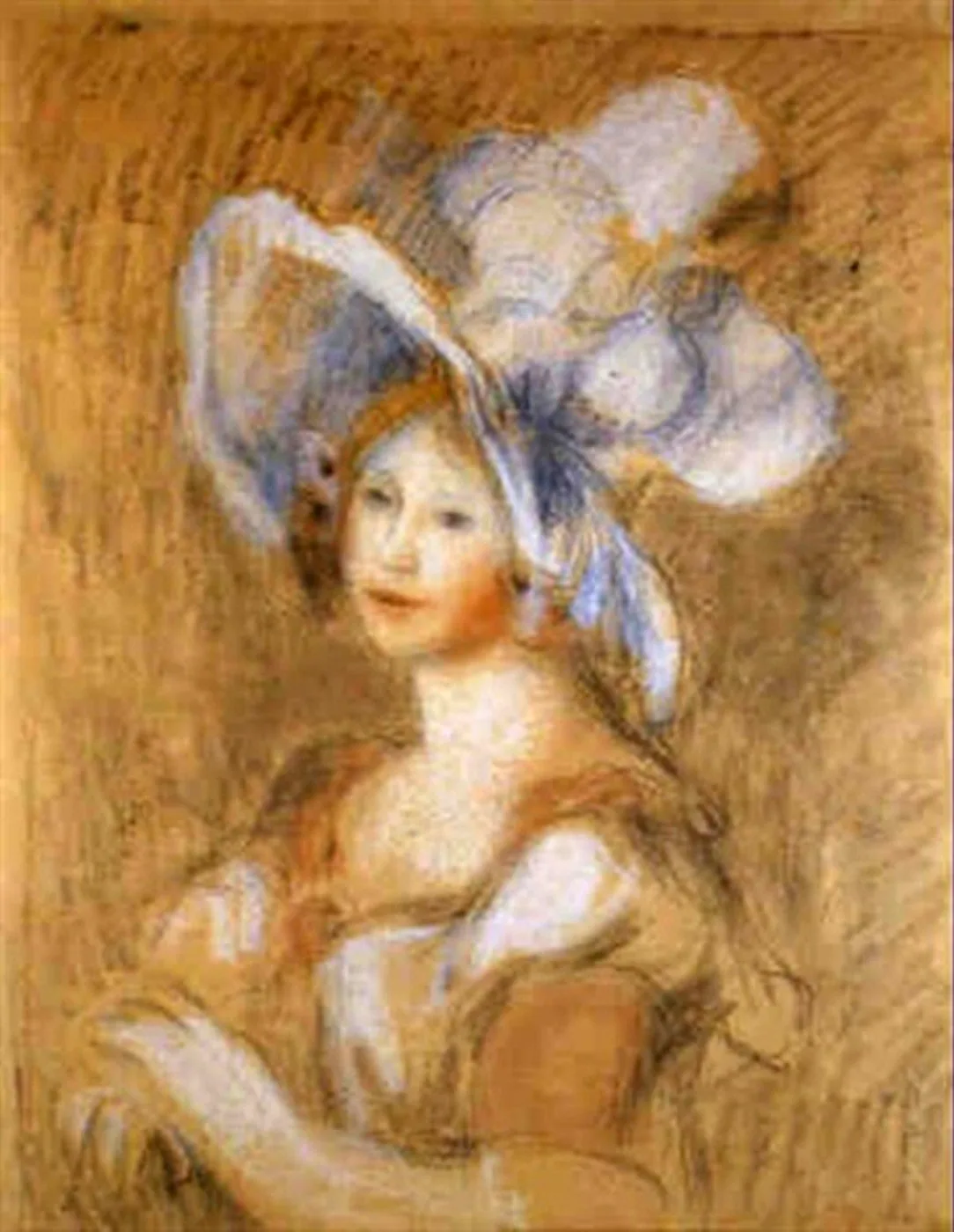 A pastel shows a woman in a wide hat crowned with large blue and white plumes, her dress off the shoulder, in warm sepia.