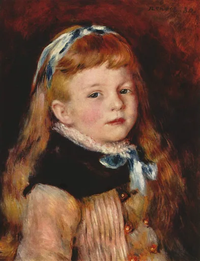 A young girl with strawberry-blond hair wears a blue headband and a white lace collar with a blue bow, against dark red.