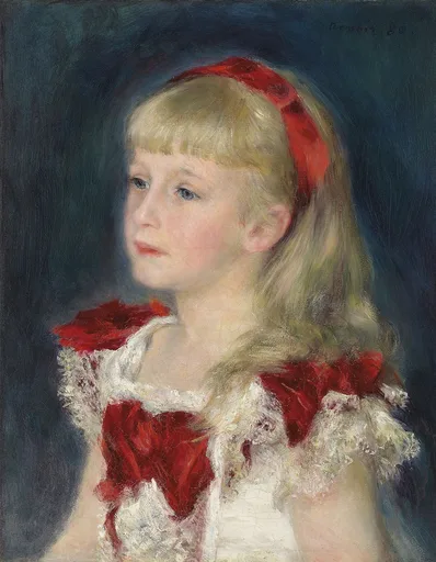 A blond girl wears a red ribbon headband over a white lace dress trimmed with red bows, against a dark blue background.