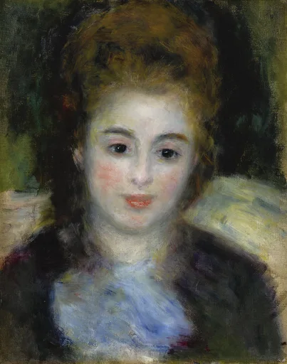 A young woman with reddish hair piled up wears a blue blouse, portrayed against a dark green background.