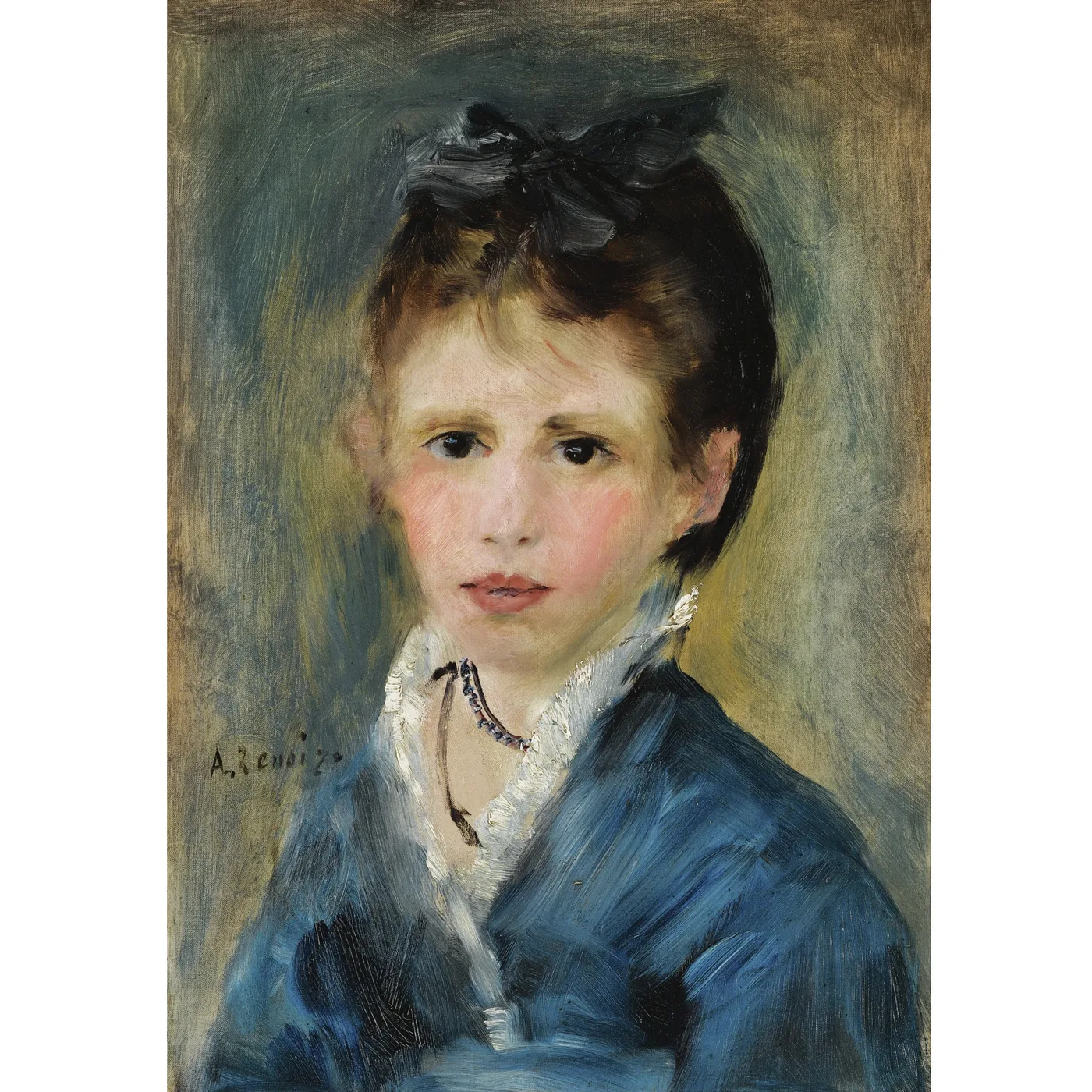 A young woman with dark eyes and a black bow in her hair, wearing a blue dress with a white lace collar and a beaded necklace.